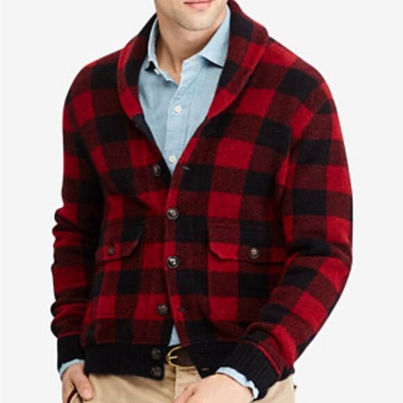 POLO RALPH LAUREN Men's Iconic Red Black Plaid Cardigan Blue label - Picture 1 of 9